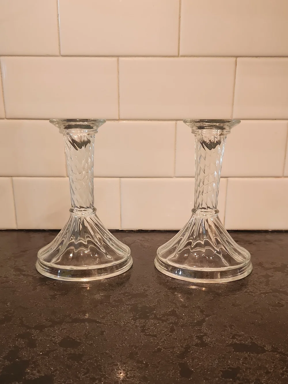 Vintage Indiana Glass Caledonia Candlestick Holders, Clear Swirl Taper Pair